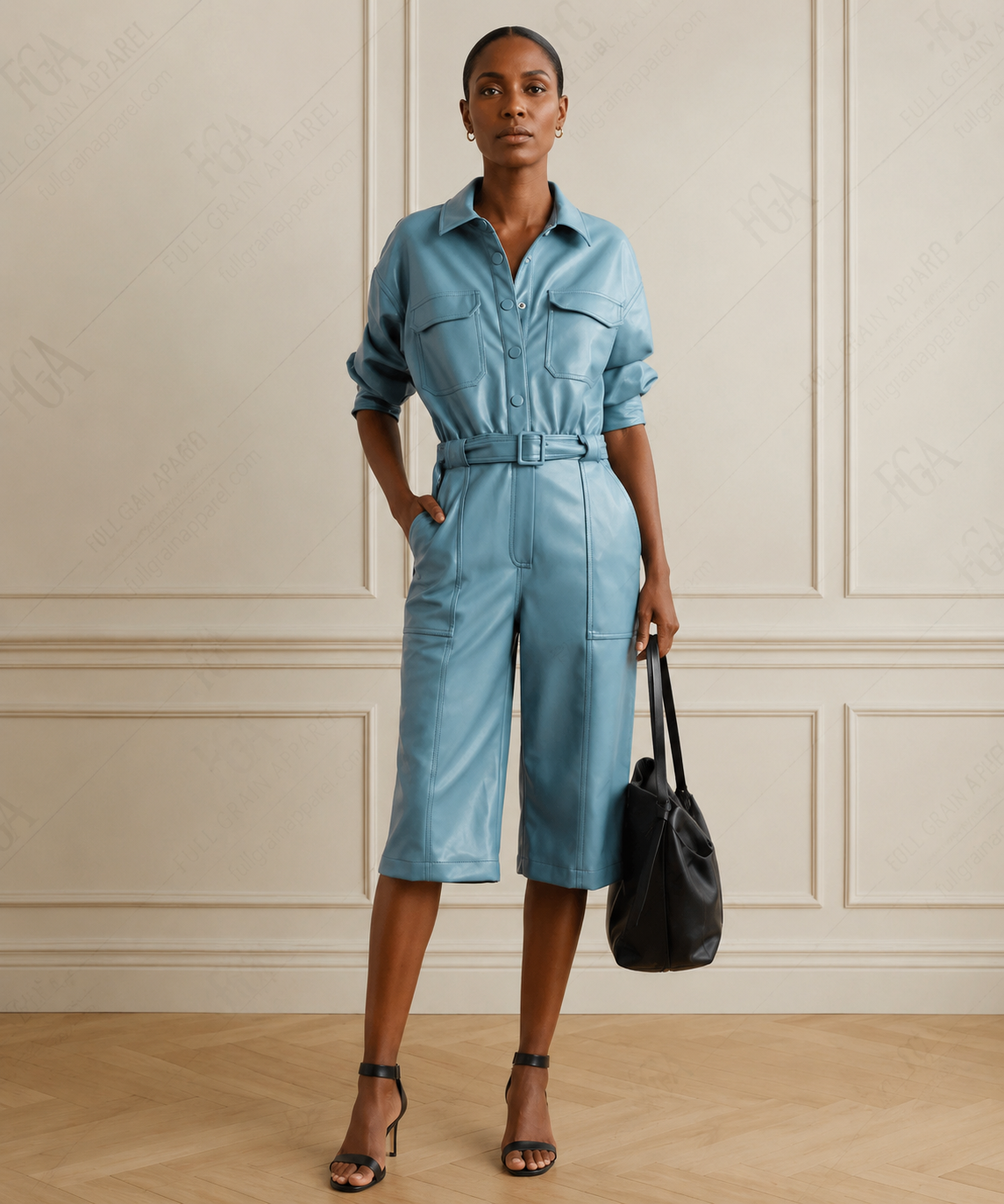 Women's Sky Blue Leather Utility Jumpsuit - Luxury One Piece | Full Grain Apparel