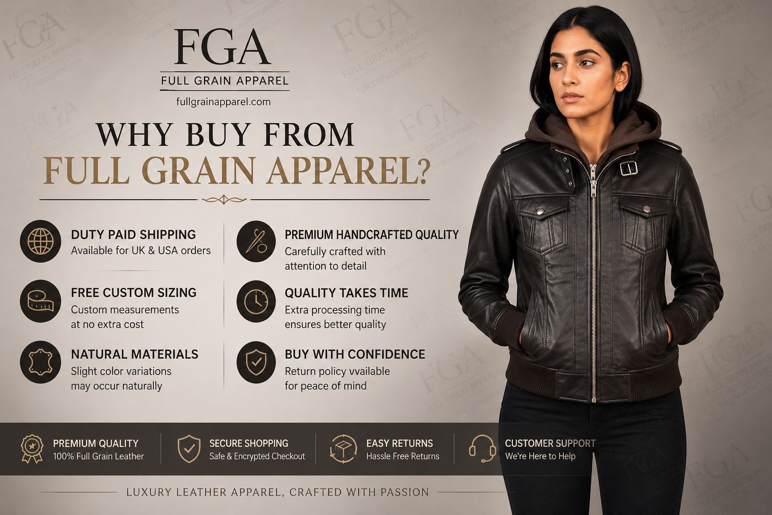 Women's Vintage Brown Leather Bomber Jacket with Hood | Full Grain Apparel