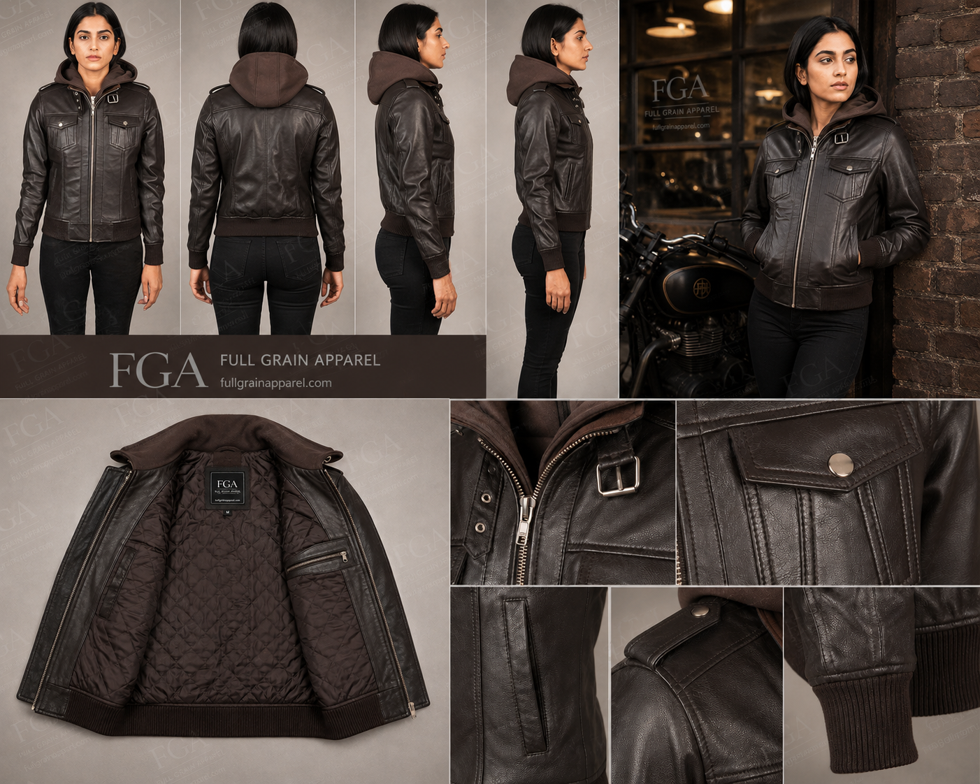 Women's Vintage Brown Leather Bomber Jacket with Hood | Full Grain Apparel