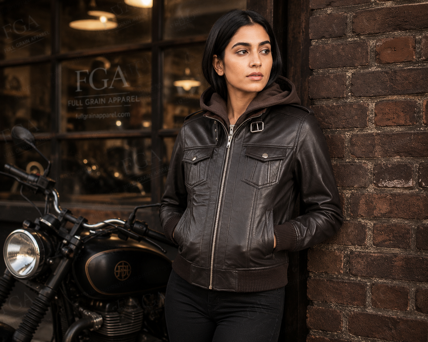 Women's Vintage Brown Leather Bomber Jacket with Hood | Full Grain Apparel
