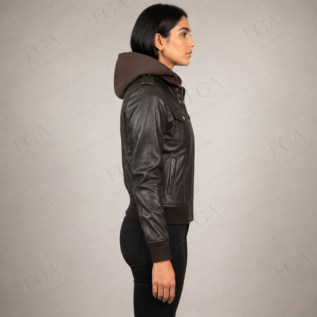 Women's Vintage Brown Leather Bomber Jacket with Hood | Full Grain Apparel