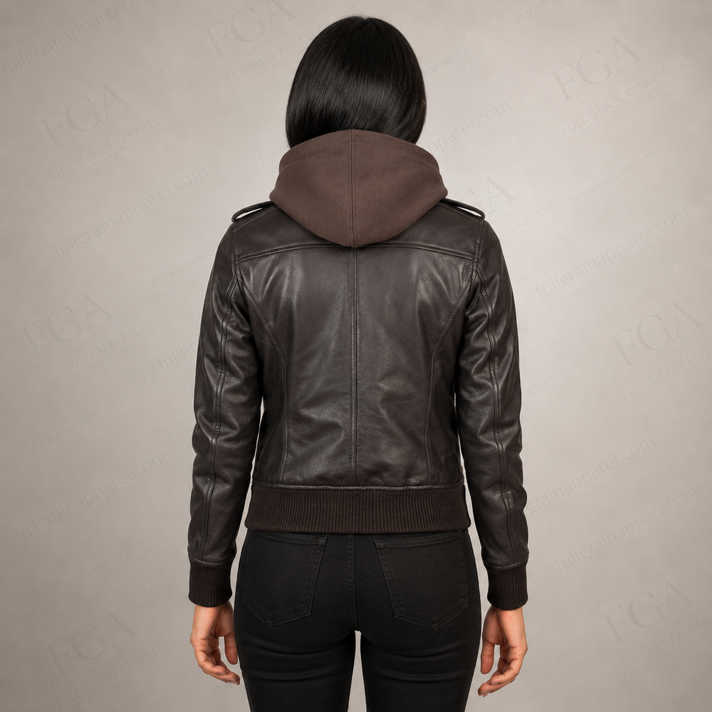 Women's Vintage Brown Leather Bomber Jacket with Hood | Full Grain Apparel