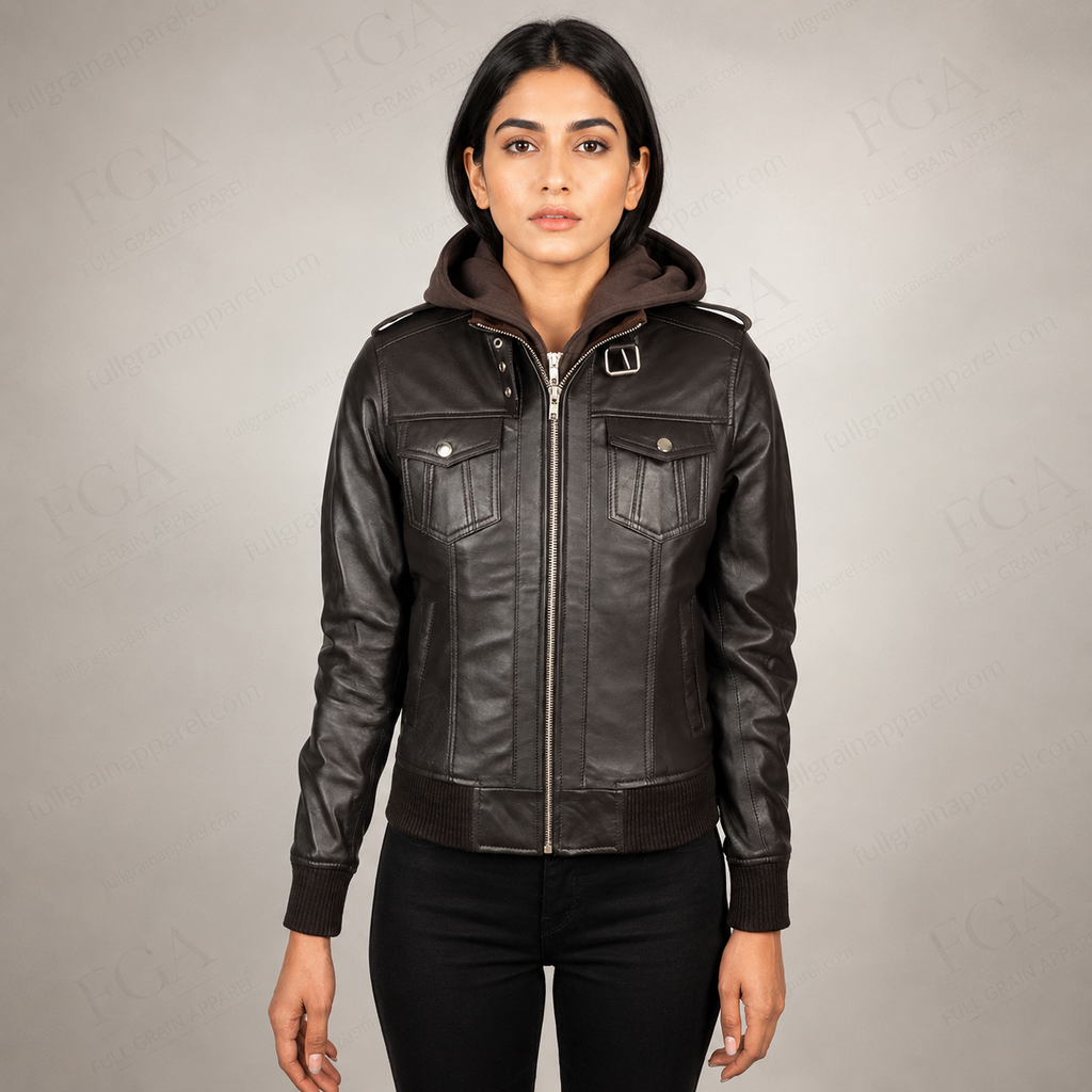 Women's Vintage Brown Leather Bomber Jacket with Hood | Full Grain Apparel
