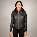 Women's Vintage Brown Leather Bomber Jacket with Hood | Full Grain Apparel