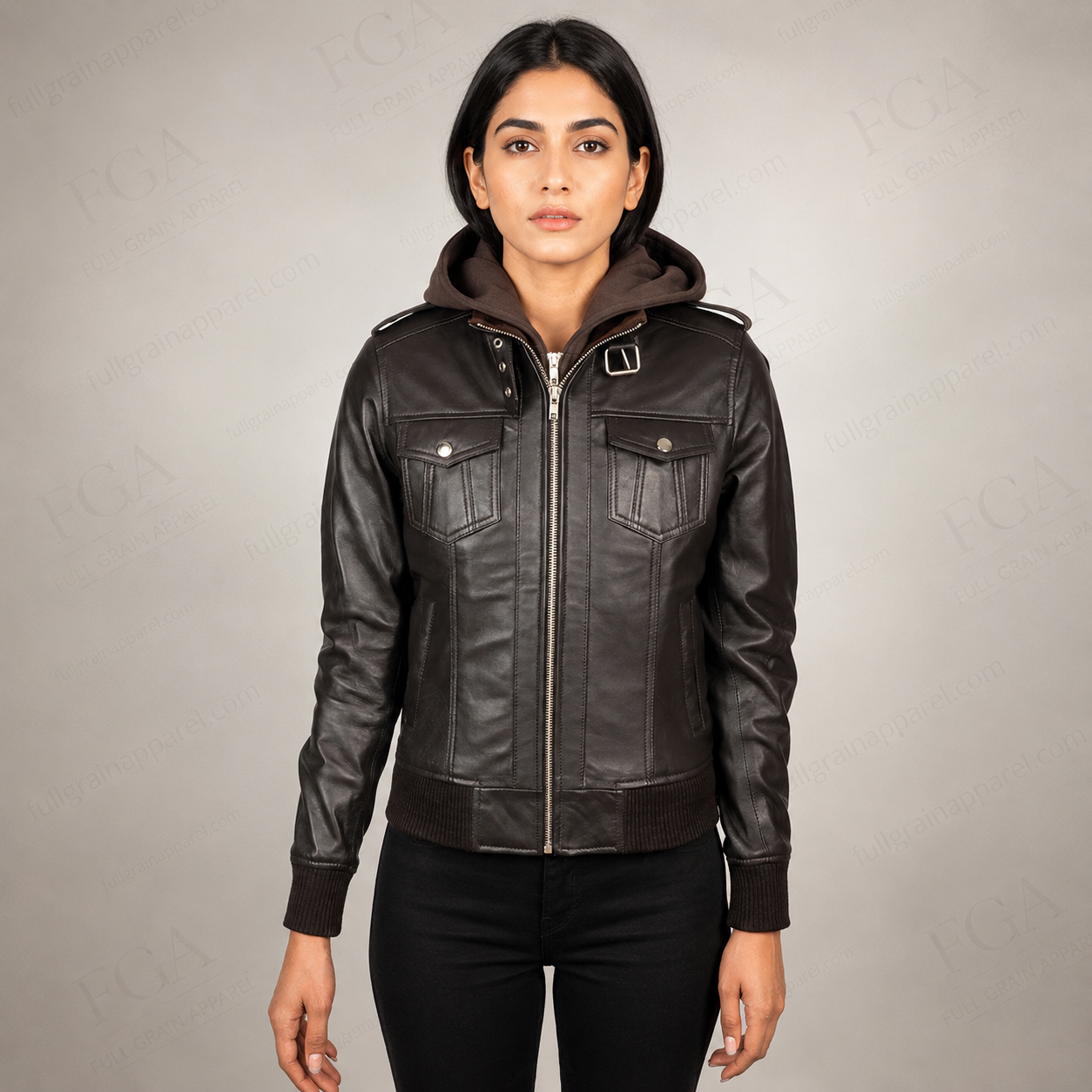 Women's Vintage Brown Leather Bomber Jacket with Hood | Full Grain Apparel