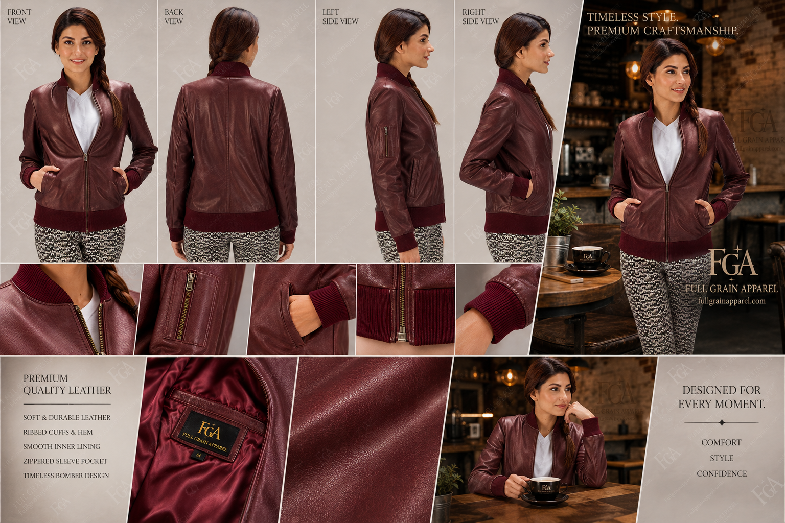 Women's Burgundy Leather Bomber Jacket Premium Flight Jacket FullGrainApparel