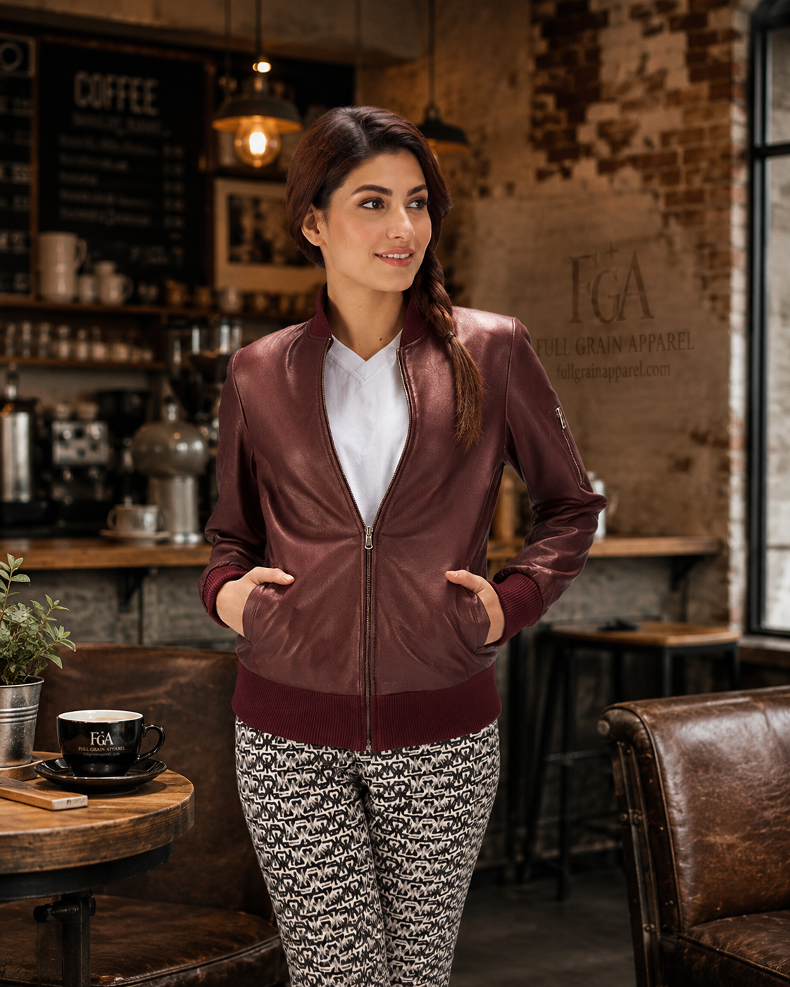 Women's Burgundy Leather Bomber Jacket Premium Flight Jacket FullGrainApparel