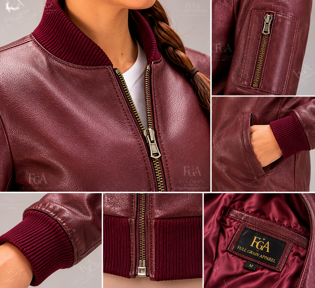 Women's Burgundy Leather Bomber Jacket Premium Flight Jacket FullGrainApparel