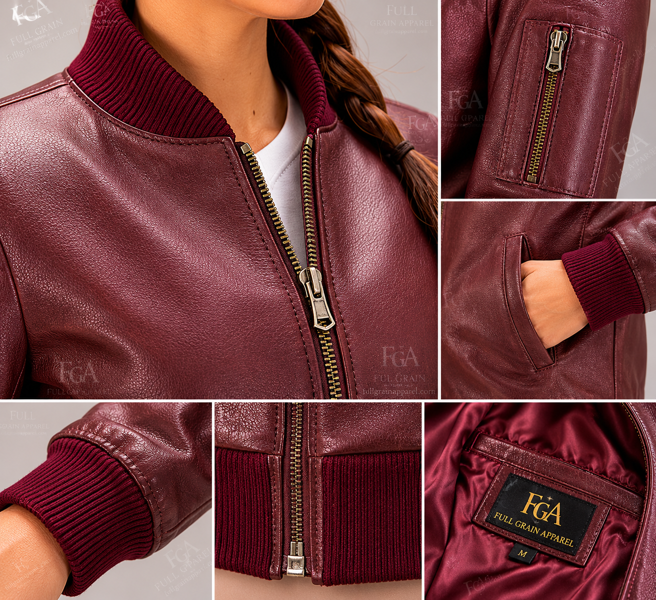Women's Burgundy Leather Bomber Jacket Premium Flight Jacket FullGrainApparel
