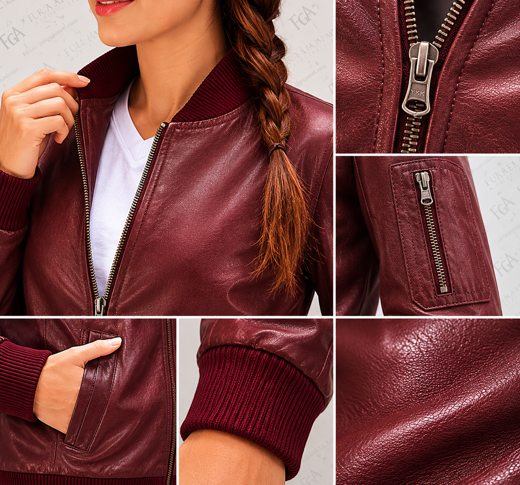 Women's Burgundy Leather Bomber Jacket Premium Flight Jacket FullGrainApparel