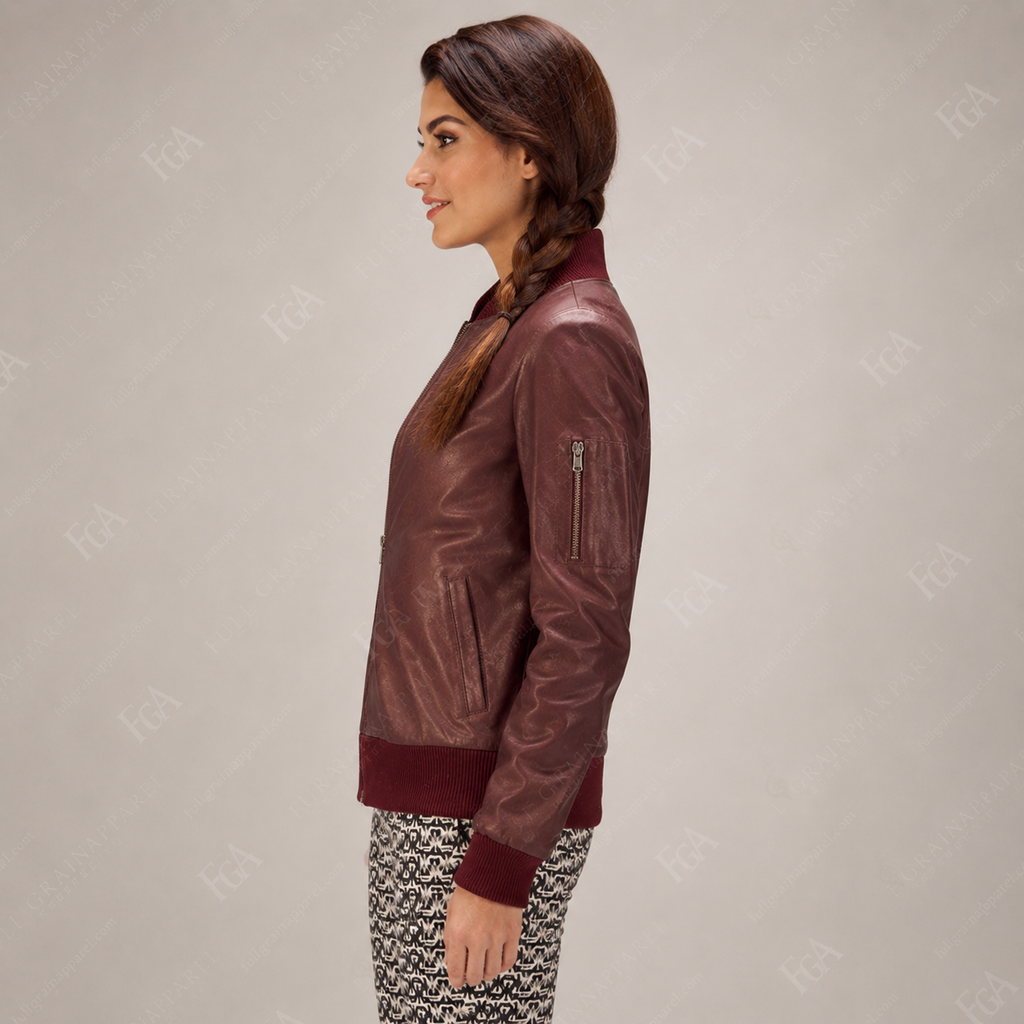 Women's Burgundy Leather Bomber Jacket Premium Flight Jacket FullGrainApparel