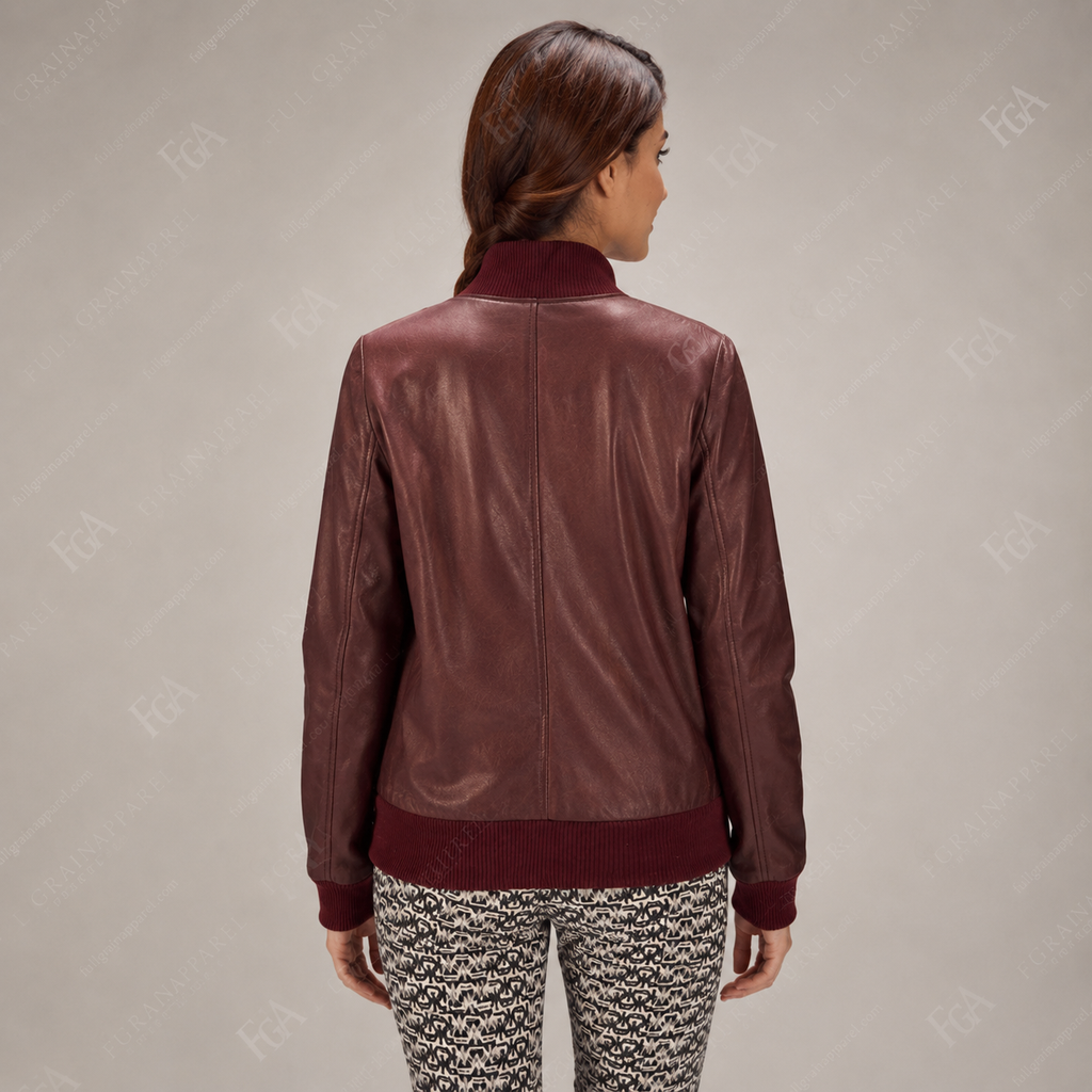 Women's Burgundy Leather Bomber Jacket Premium Flight Jacket FullGrainApparel