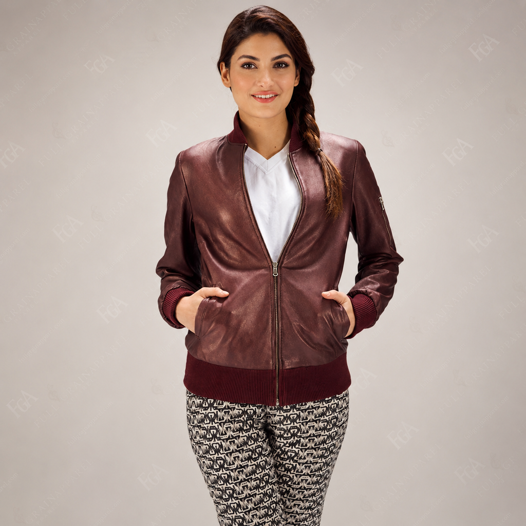 Women's Burgundy Leather Bomber Jacket Premium Flight Jacket FullGrainApparel