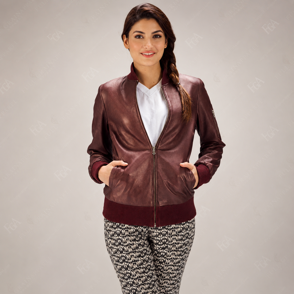 Women's Burgundy Leather Bomber Jacket Premium Flight Jacket FullGrainApparel
