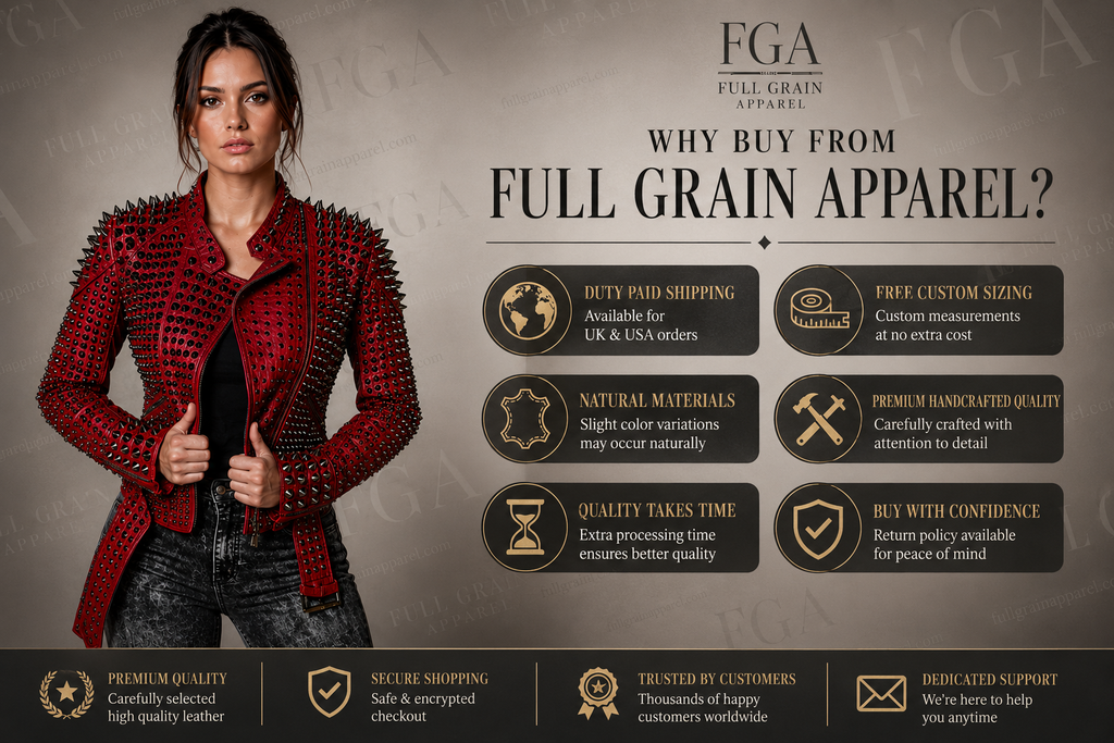 Women's Red Studded Moto Leather Jacket - Punk Biker Style | Full Grain Apparel