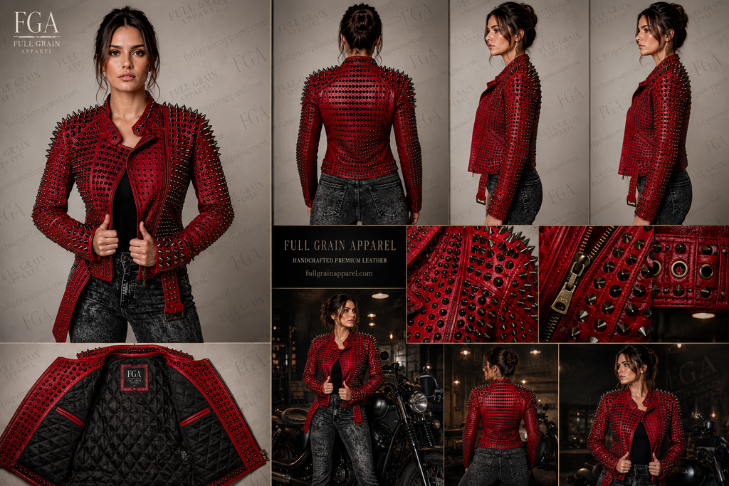 Women's Red Studded Moto Leather Jacket - Punk Biker Style | Full Grain Apparel