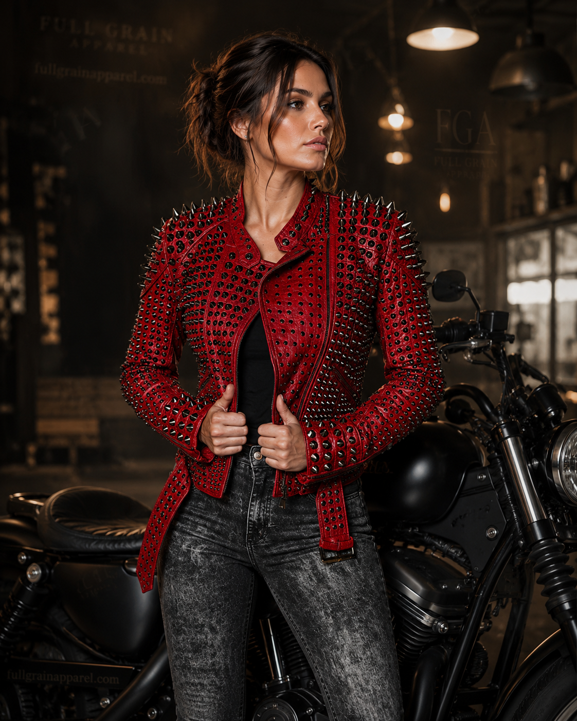 Women's Red Studded Moto Leather Jacket - Punk Biker Style | Full Grain Apparel