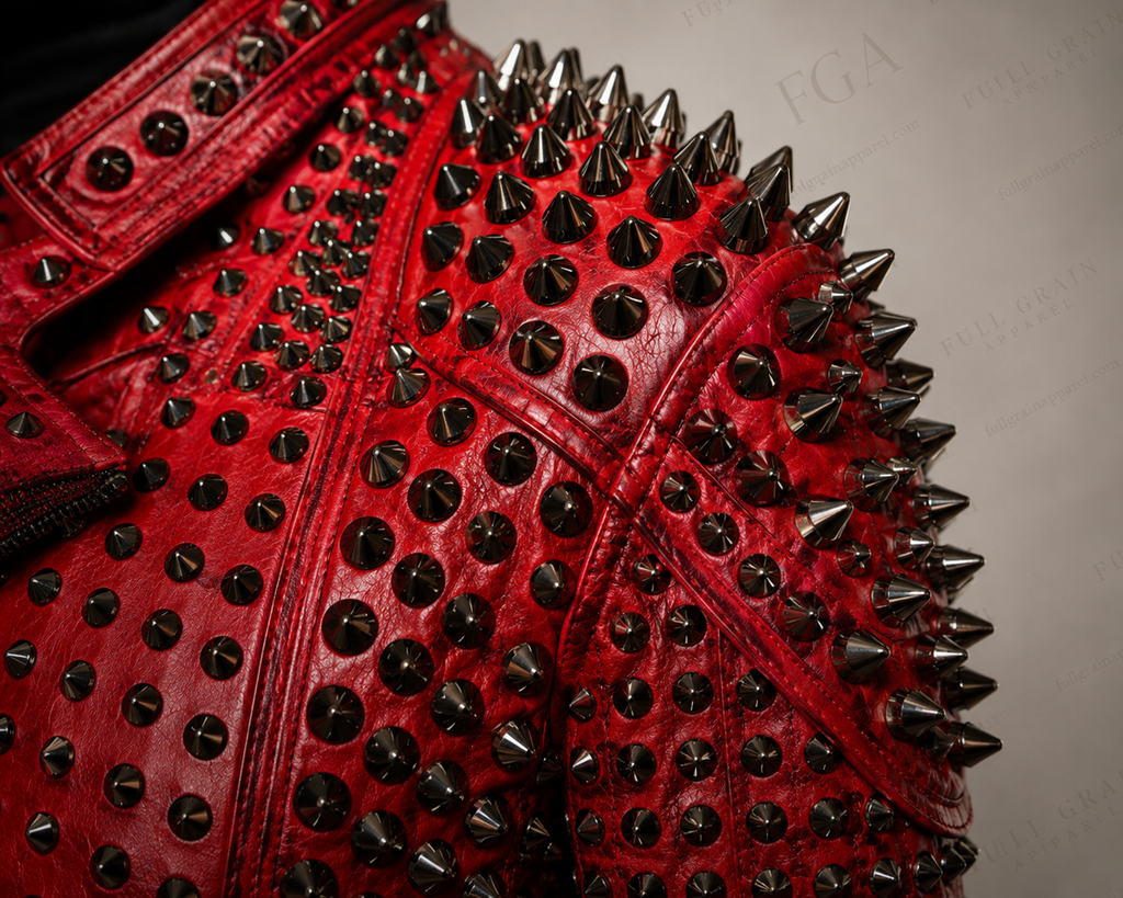 Women's Red Studded Moto Leather Jacket - Punk Biker Style | Full Grain Apparel