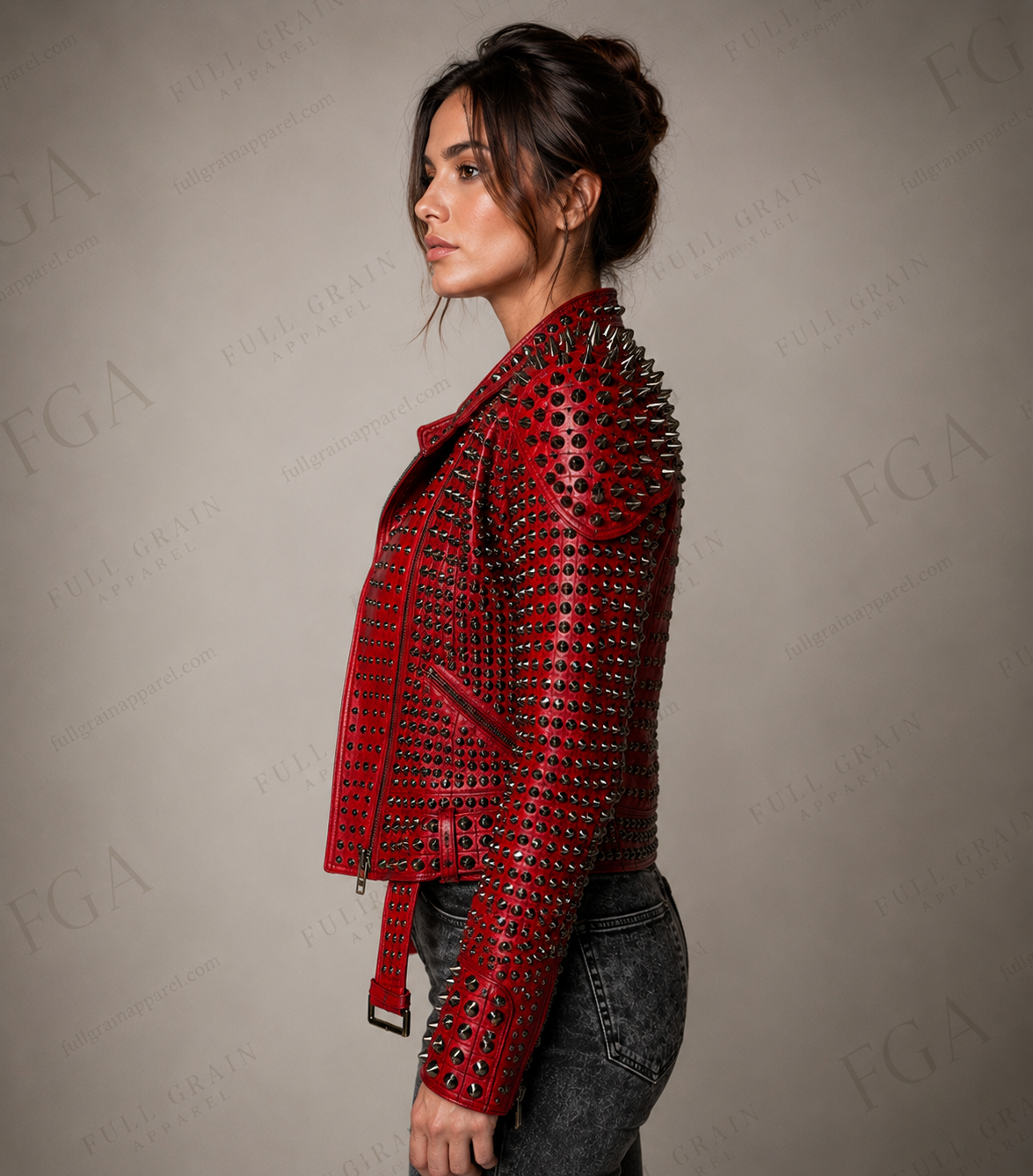 Women's Red Studded Moto Leather Jacket - Punk Biker Style | Full Grain Apparel