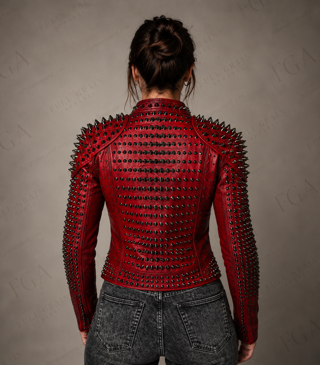 Women's Red Studded Moto Leather Jacket - Punk Biker Style | Full Grain Apparel