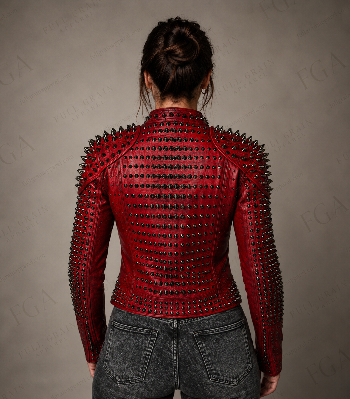 Women's Red Studded Moto Leather Jacket - Punk Biker Style | Full Grain Apparel