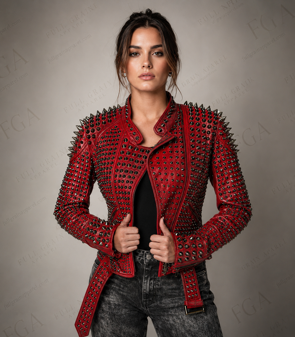 Women's Red Studded Moto Leather Jacket - Punk Biker Style | Full Grain Apparel