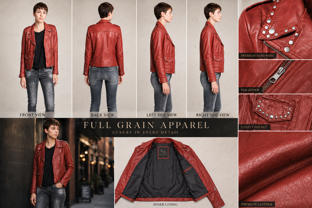 Women's Red Leather Biker Jacket Studded Moto Style Full Grain Apparel