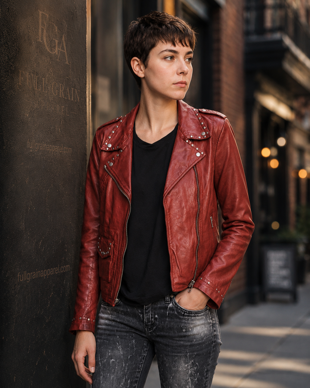 Women's Red Leather Biker Jacket Studded Moto Style Full Grain Apparel