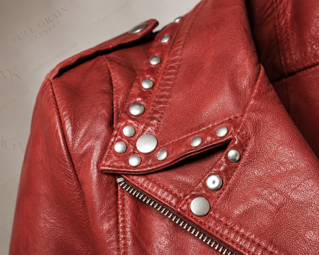 Women's Red Leather Biker Jacket Studded Moto Style Full Grain Apparel