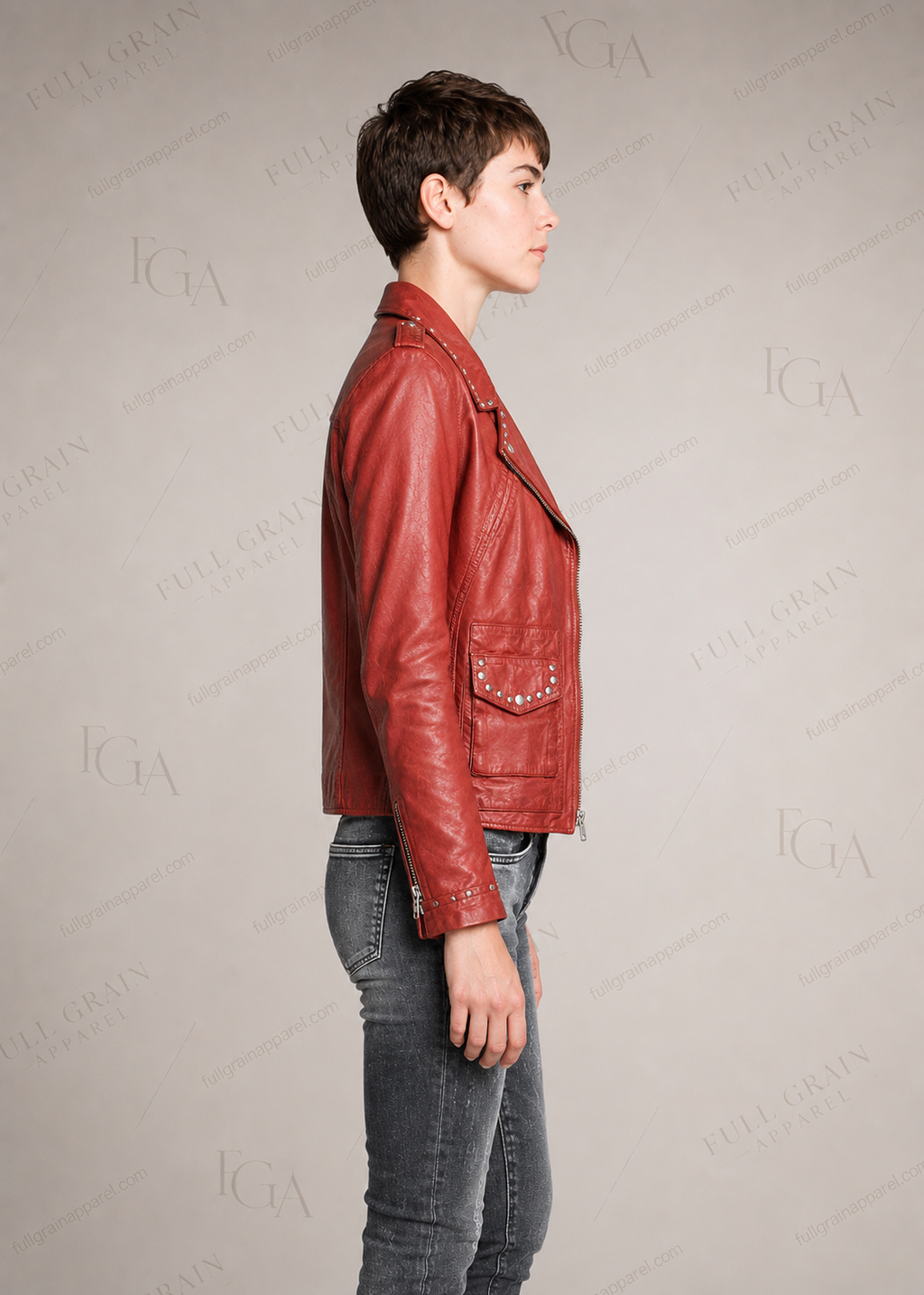 Women's Red Leather Biker Jacket Studded Moto Style Full Grain Apparel