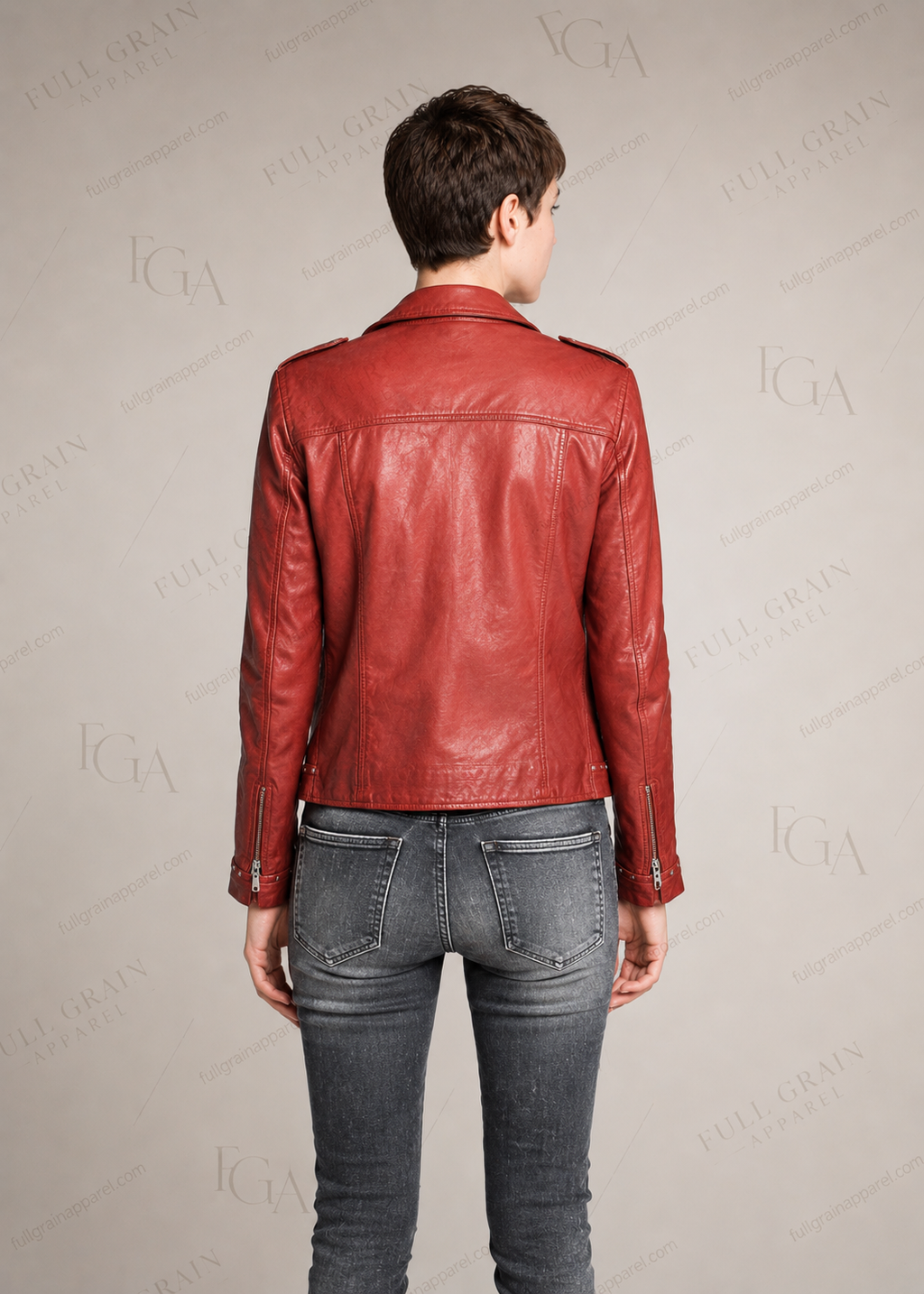 Women's Red Leather Biker Jacket Studded Moto Style Full Grain Apparel