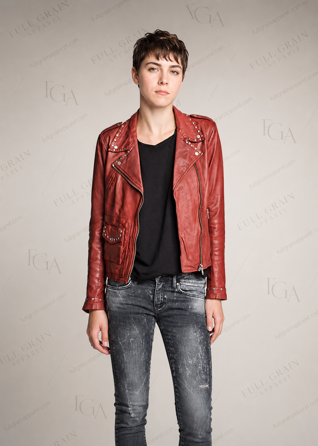 Women's Red Leather Biker Jacket Studded Moto Style Full Grain Apparel