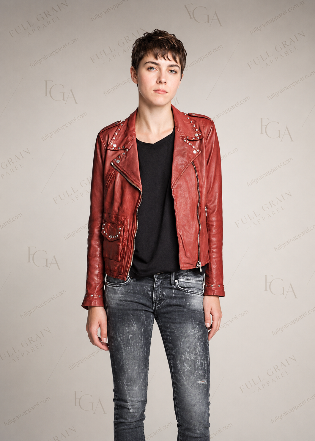 Women's Red Leather Biker Jacket Studded Moto Style Full Grain Apparel