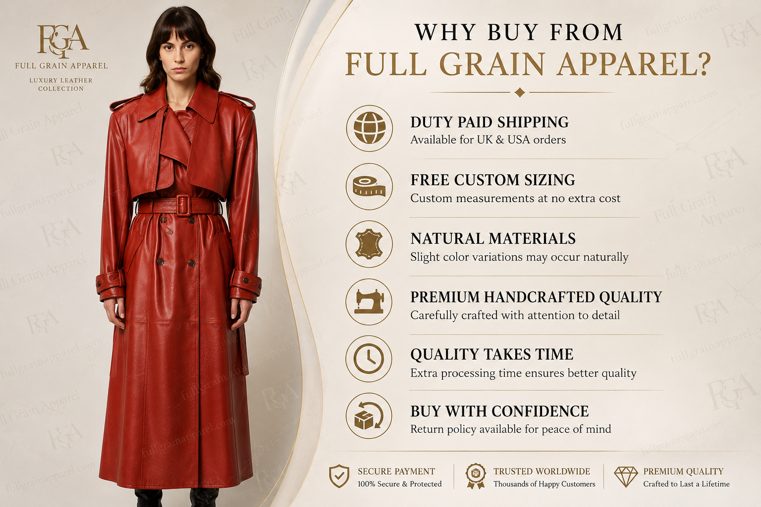 Women's Luxury Red Leather Trench Coat - Full Length Style Full Grain Apparel