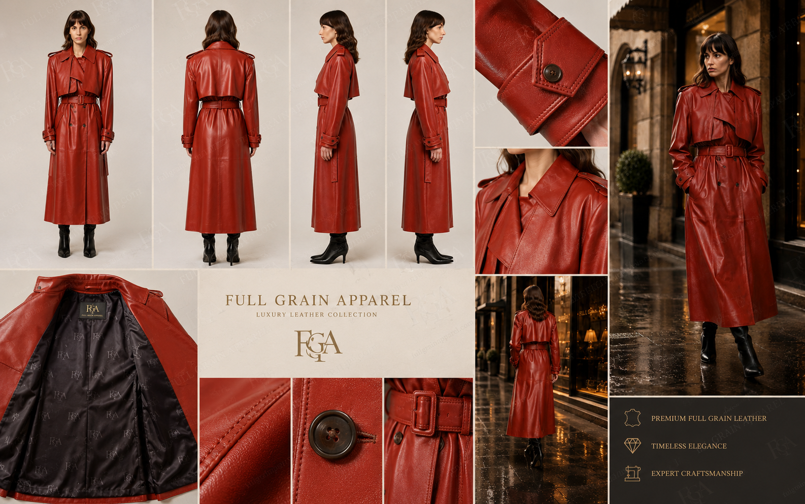 Women's Luxury Red Leather Trench Coat - Full Length Style Full Grain Apparel