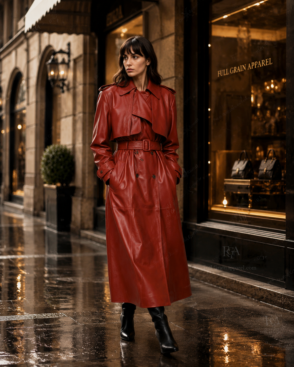 Women's Luxury Red Leather Trench Coat - Full Length Style Full Grain Apparel