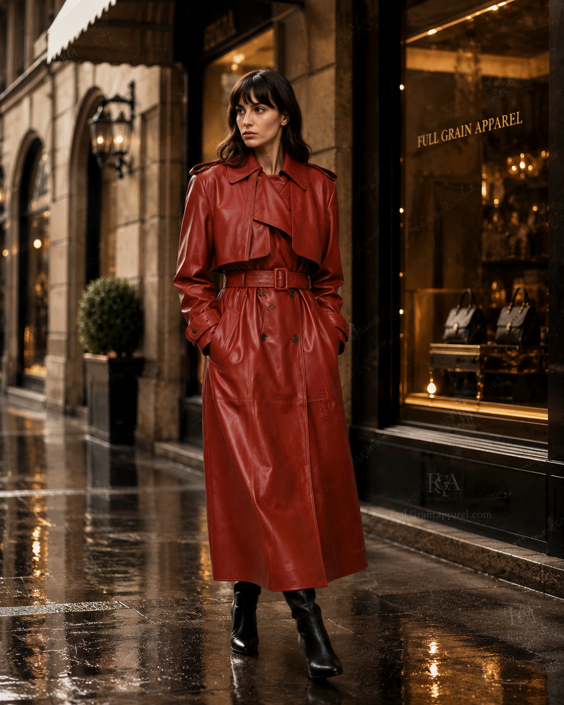 Women's Luxury Red Leather Trench Coat - Full Length Style Full Grain Apparel