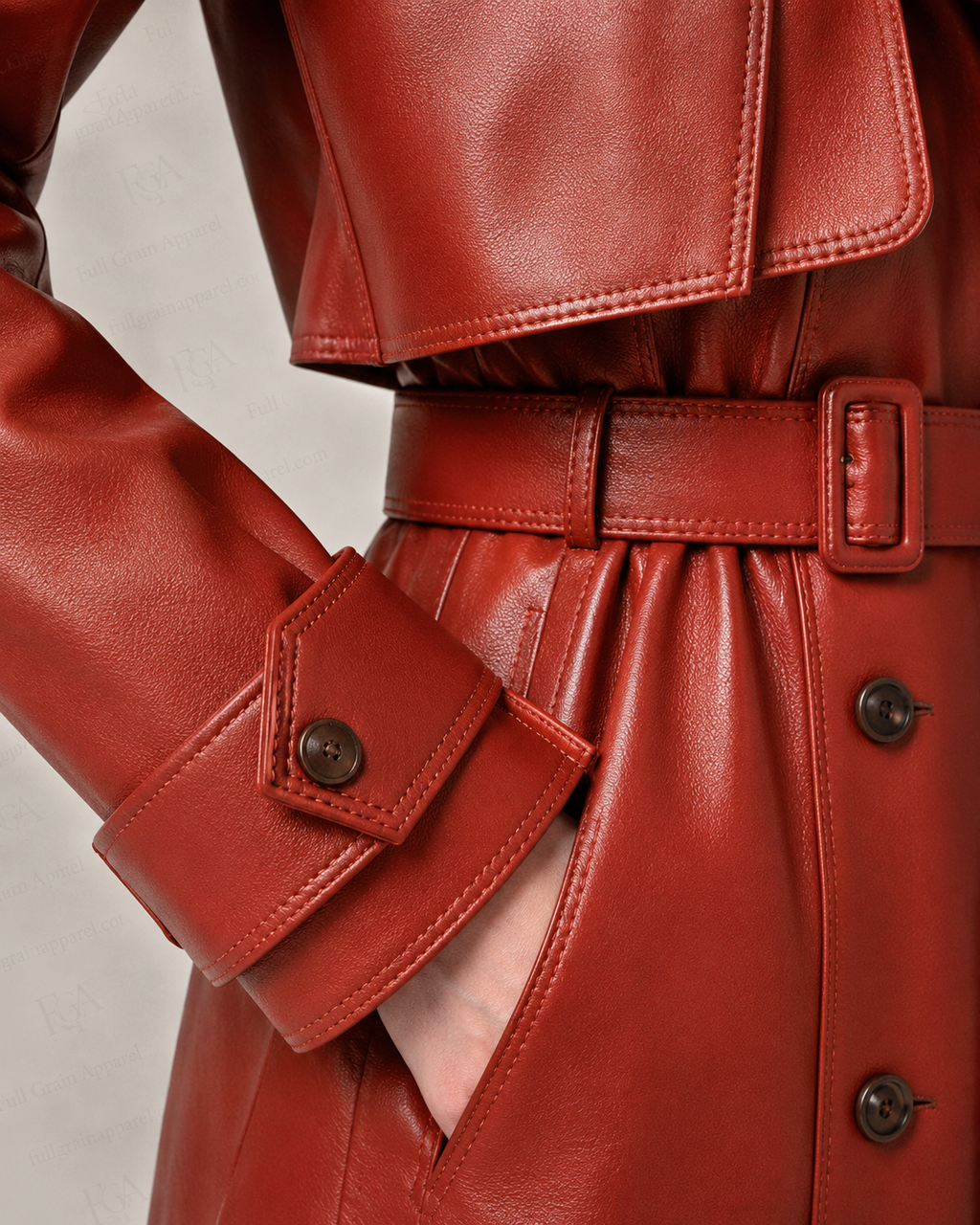 Women's Luxury Red Leather Trench Coat - Full Length Style Full Grain Apparel