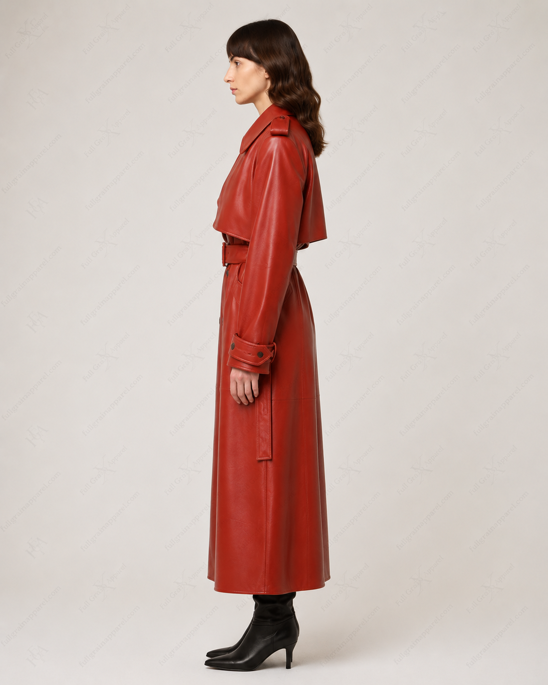 Women's Luxury Red Leather Trench Coat - Full Length Style Full Grain Apparel