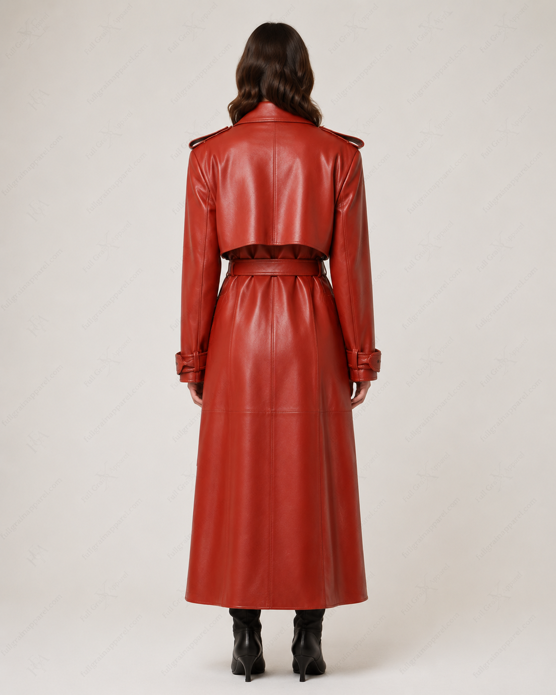 Women's Luxury Red Leather Trench Coat - Full Length Style Full Grain Apparel