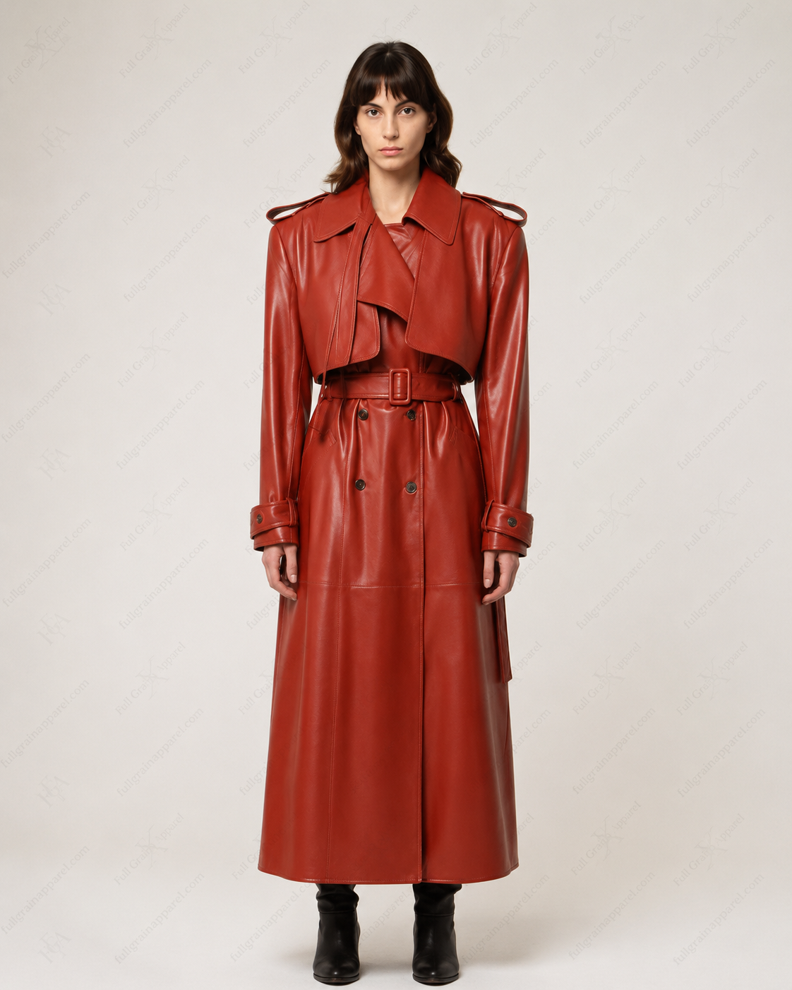 Women's Luxury Red Leather Trench Coat - Full Length Style Full Grain Apparel