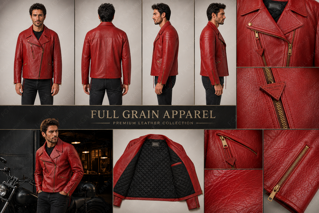 Men's Red Biker Leather Jacket | Vintage Moto Rider | Full Grain Apparel