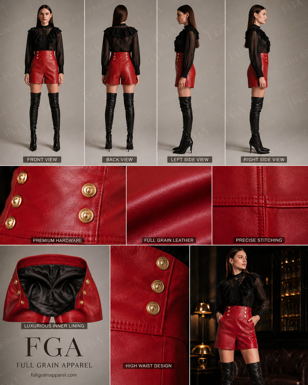 Women's Red Leather Shorts | High Waist Designer Style | Full Grain Apparel