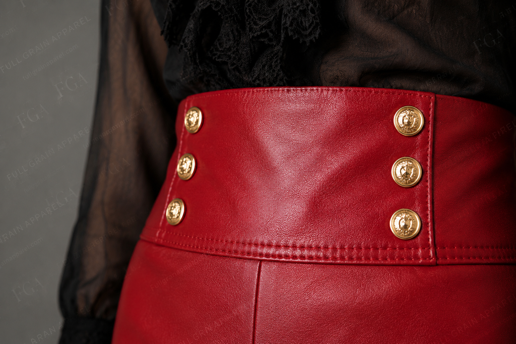 Women's Red Leather Shorts | High Waist Designer Style | Full Grain Apparel
