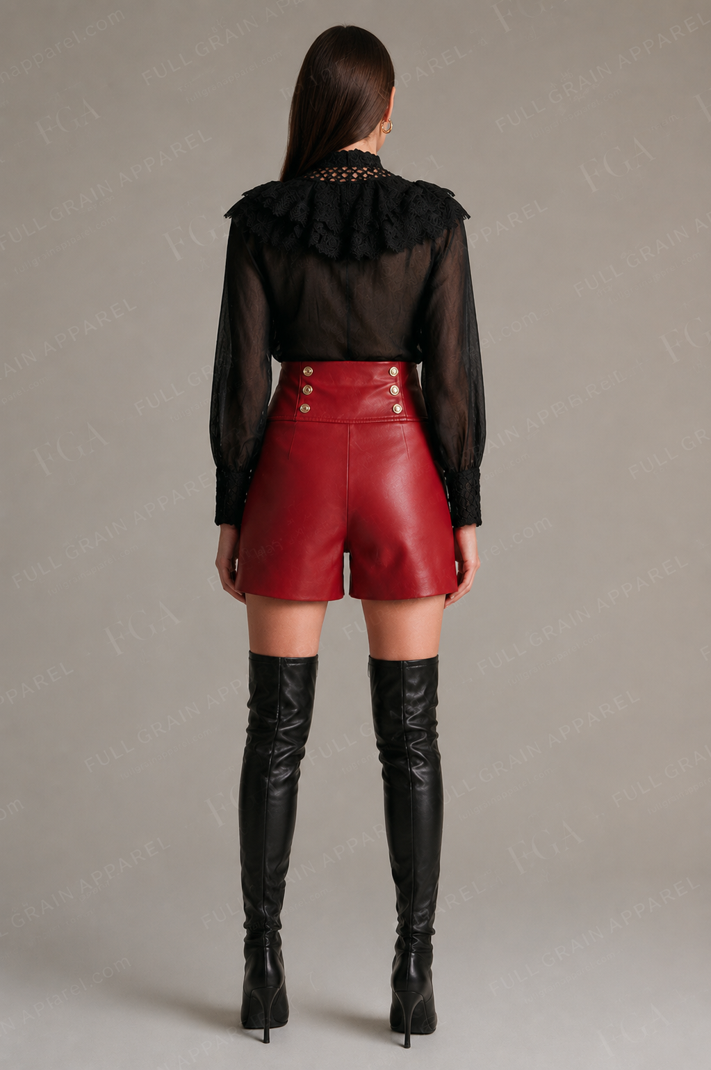 Women's Red Leather Shorts | High Waist Designer Style | Full Grain Apparel