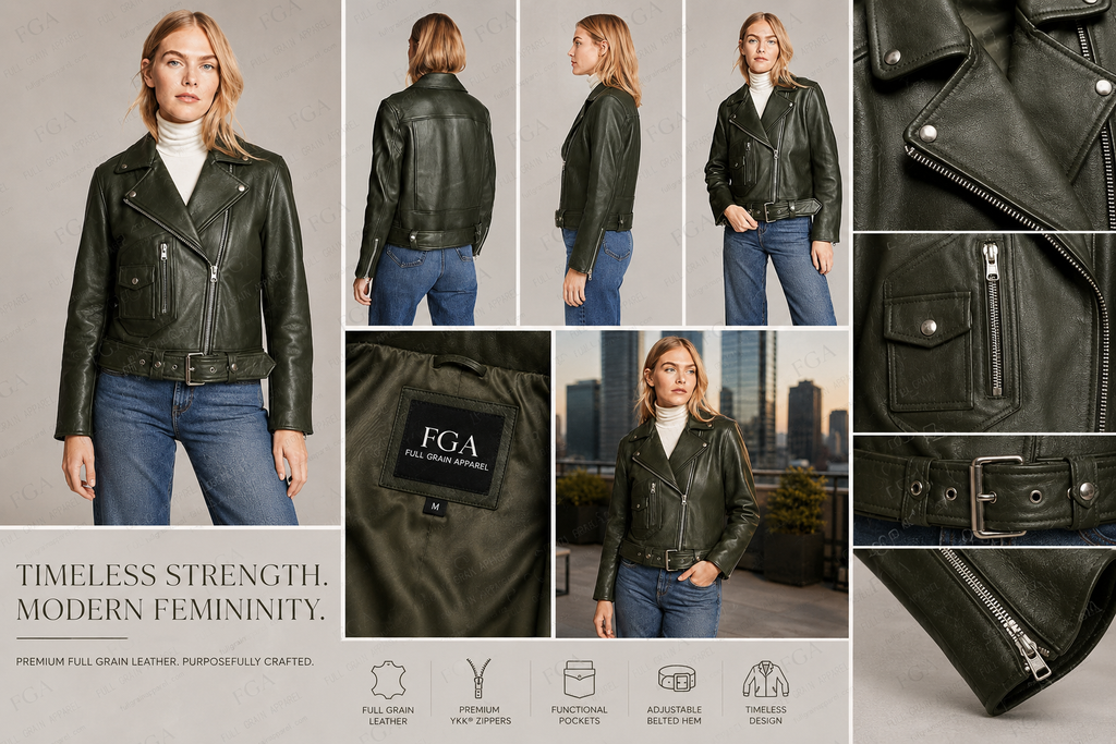 Women's Olive Green Moto Leather Jacket | Premium Biker Style | Full Grain Apparel