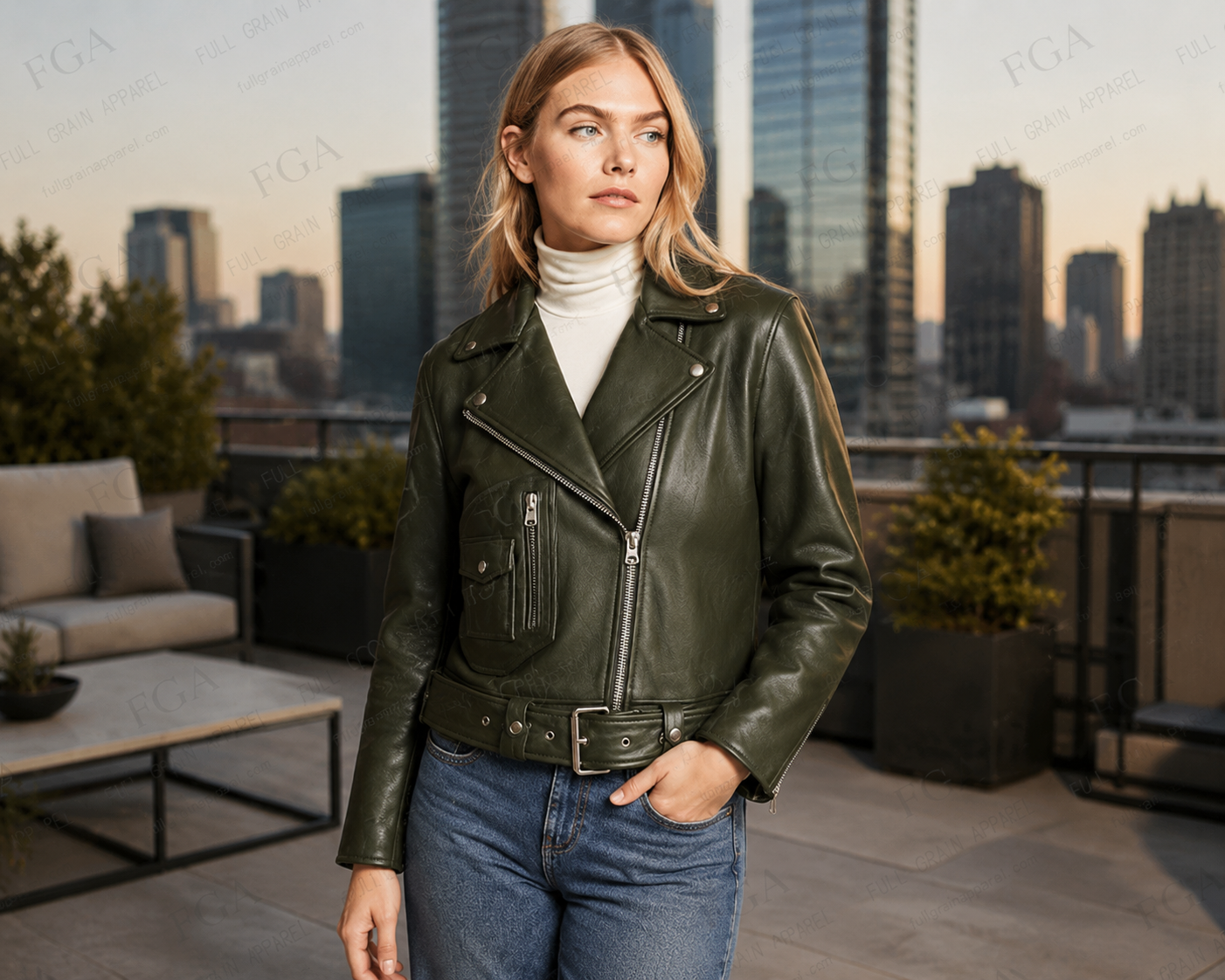 Women's Olive Green Moto Leather Jacket | Premium Biker Style | Full Grain Apparel