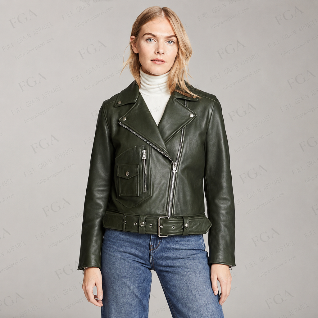Women's Olive Green Moto Leather Jacket | Premium Biker Style | Full Grain Apparel