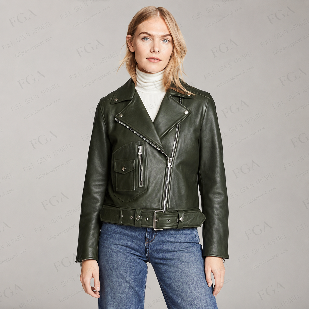 Women's Olive Green Moto Leather Jacket | Premium Biker Style | Full Grain Apparel