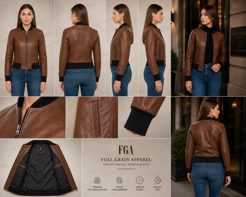 Women's Brown Leather Bomber Jacket – Premium Zip-Up Leather Outerwear